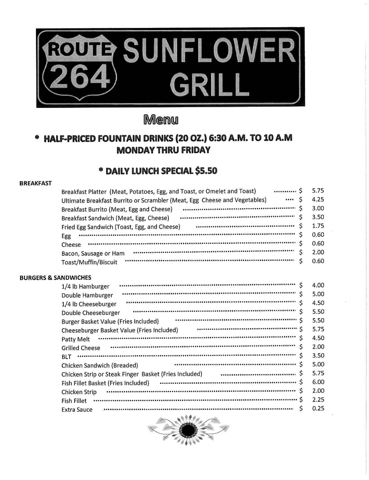 Sunflower Daily Menu Page 1. See the attached PDF for a readable copy.