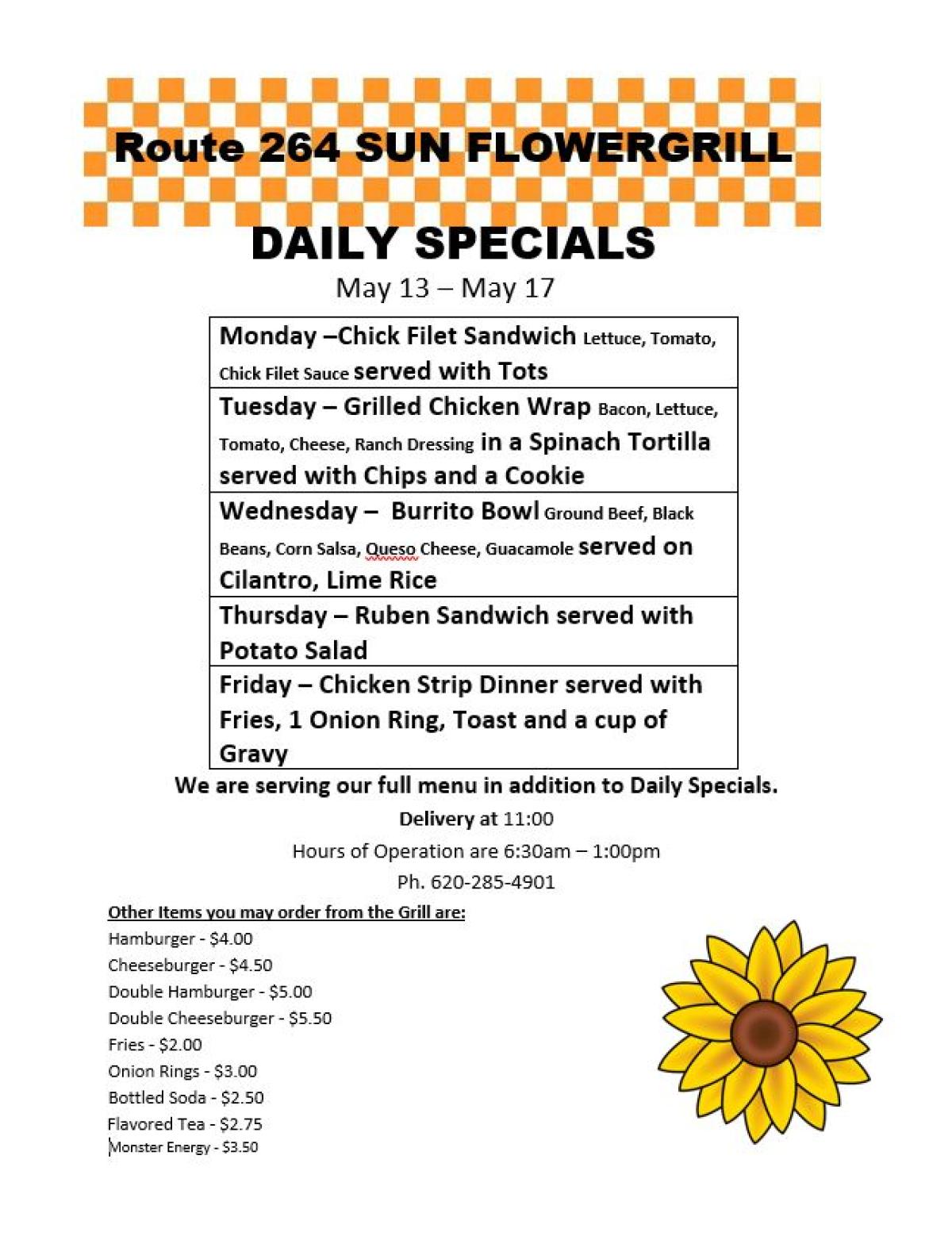 Sunflower Grill Daily Special. See the attached PDF for a readable copy.